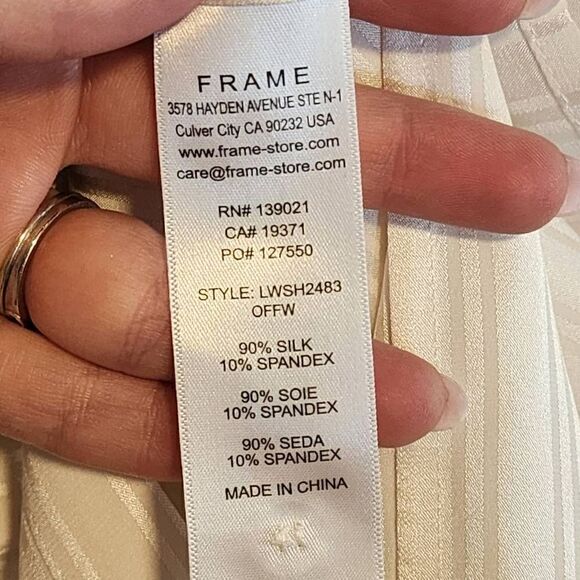 FRAME- Women’s Shirred Silk Neck-Tie Blouse in Off White, Size Large - Picture 11 of 13